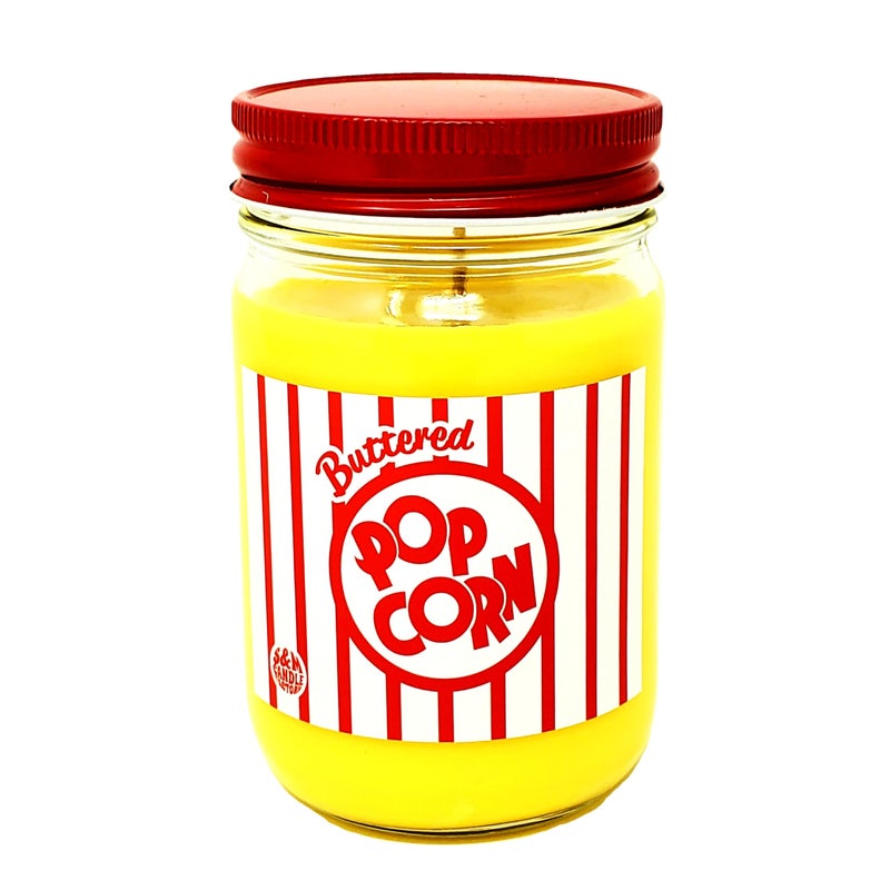 S&M Candle Factory شمعة الفشار بالزبدة ~ شموع الصويا الفاخرة الطبيعية بالكامل ~ برطمانات فيلم ليلة 12 أونصة (الفشار بالزبدة) - Image 1